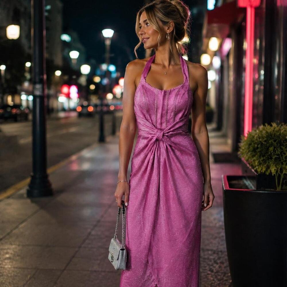 Showpo Pink Metallic Halter Maxi Dress Twist Front Formal Gown NWT US 4